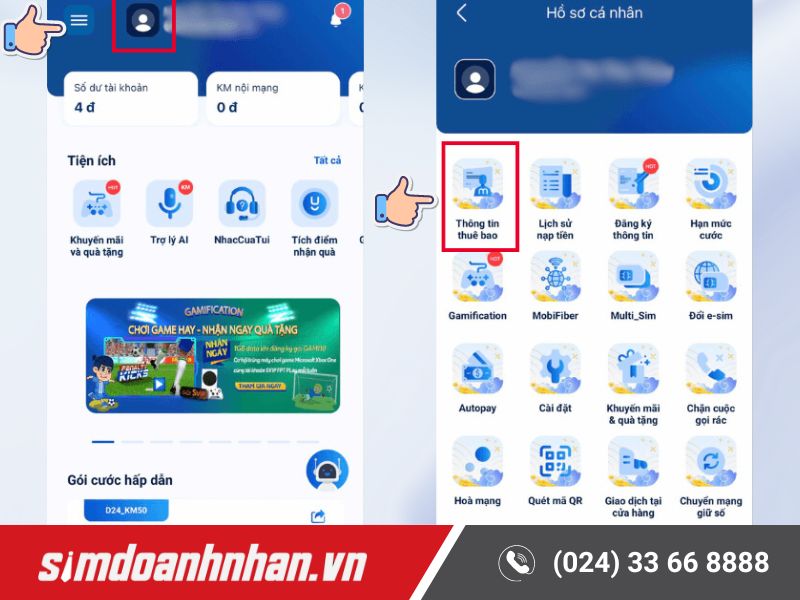 Bấm vào biểu tượng ba dấu gạch ngang tại góc trái màn hình trong app My MobiFone