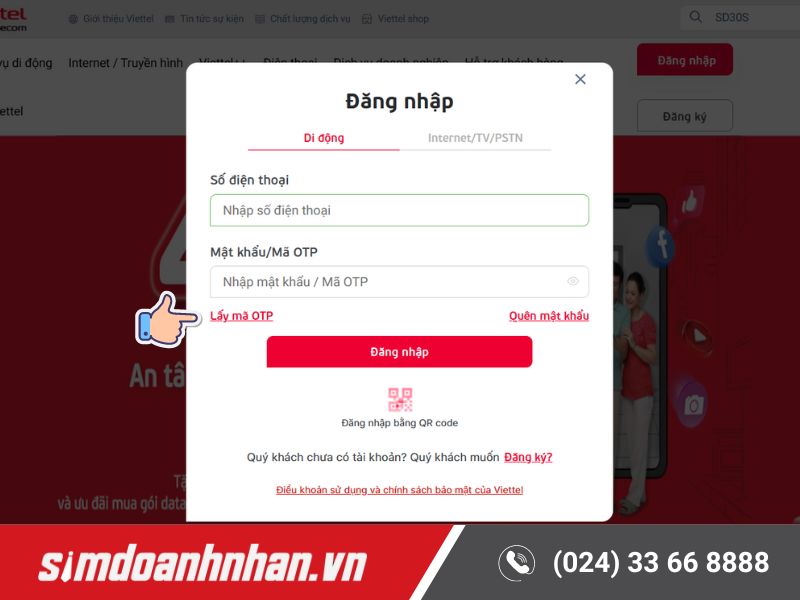 Đăng nhập tài khoản Vietteltelecom thông qua mã OTP